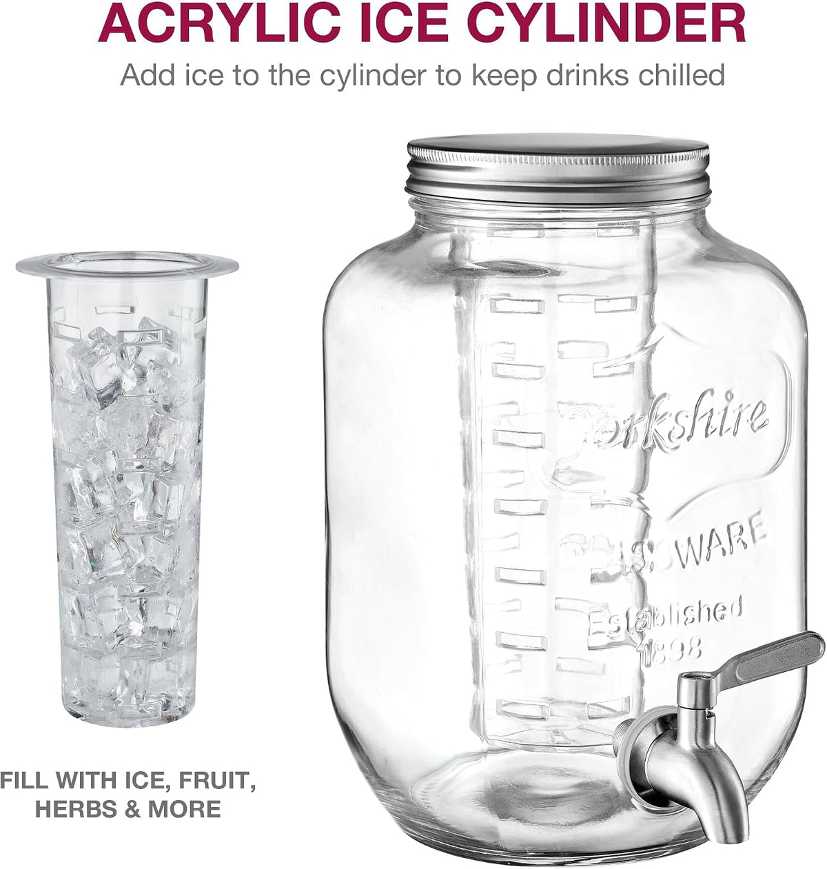 Glass Drink Dispenser with Stand, Steel Spigot, 1 Gallon, 2-Pack