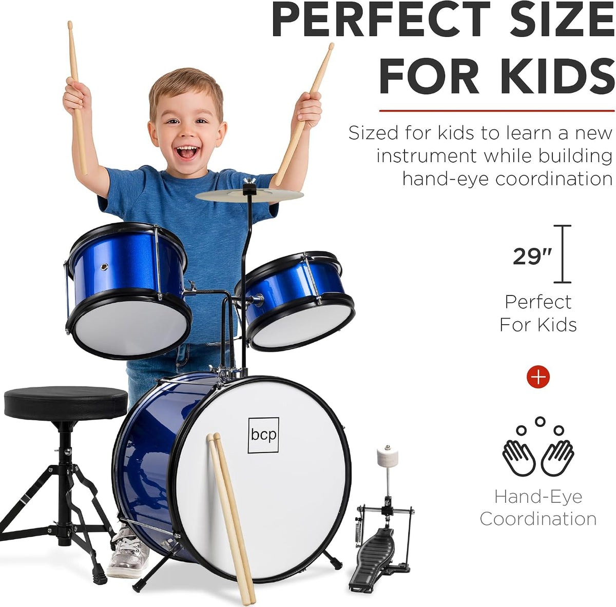 3-Piece Beginner Drum Set for Kids Juniors, w/Throne Stool, Cymbal, Drum Sticks, Bass Drum Pedal, 2 Toms - Blue