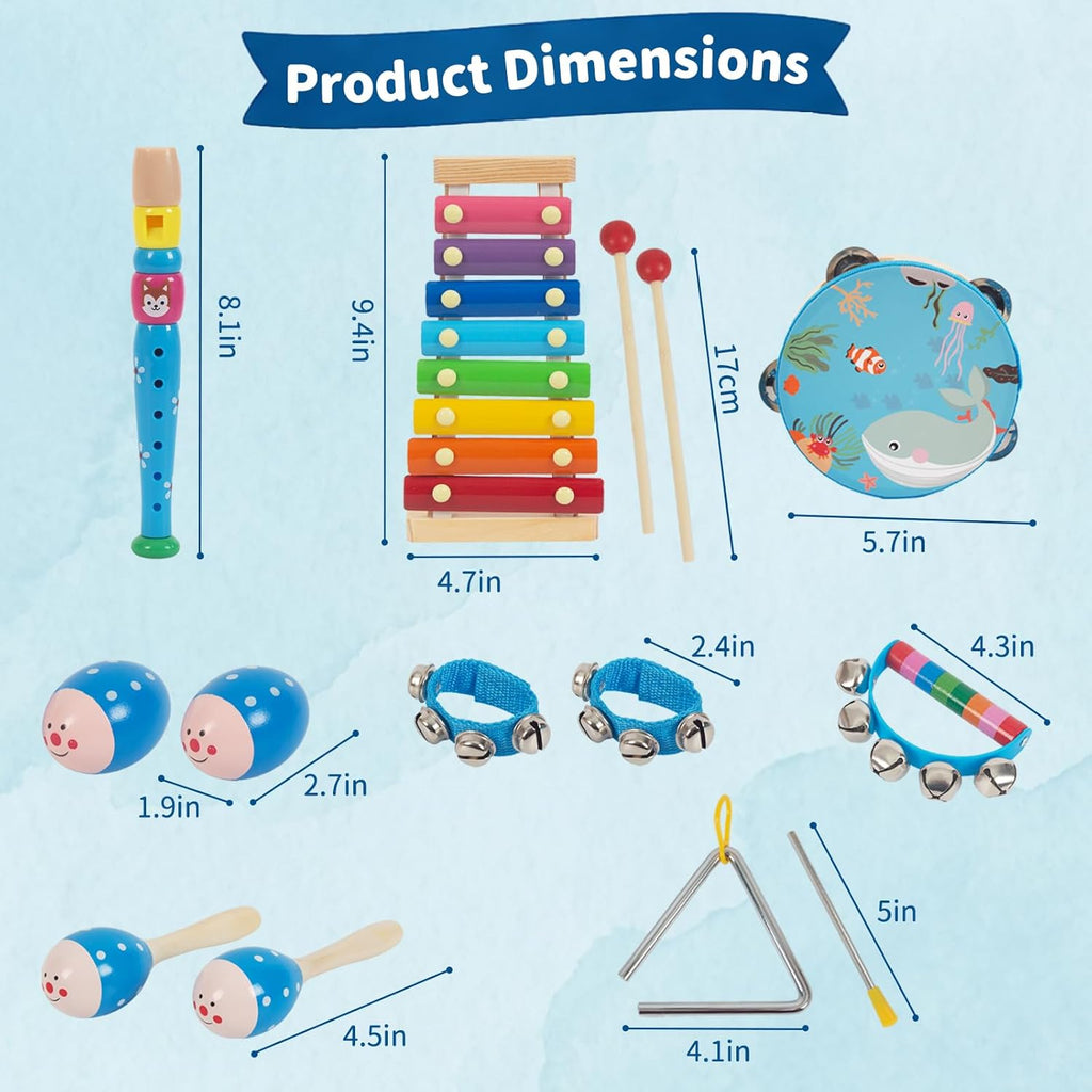 Wooden Musical Instruments Set for Toddlers 1-3, Montessori Baby Toys | 8 Kinds of Natural Wood Percussion