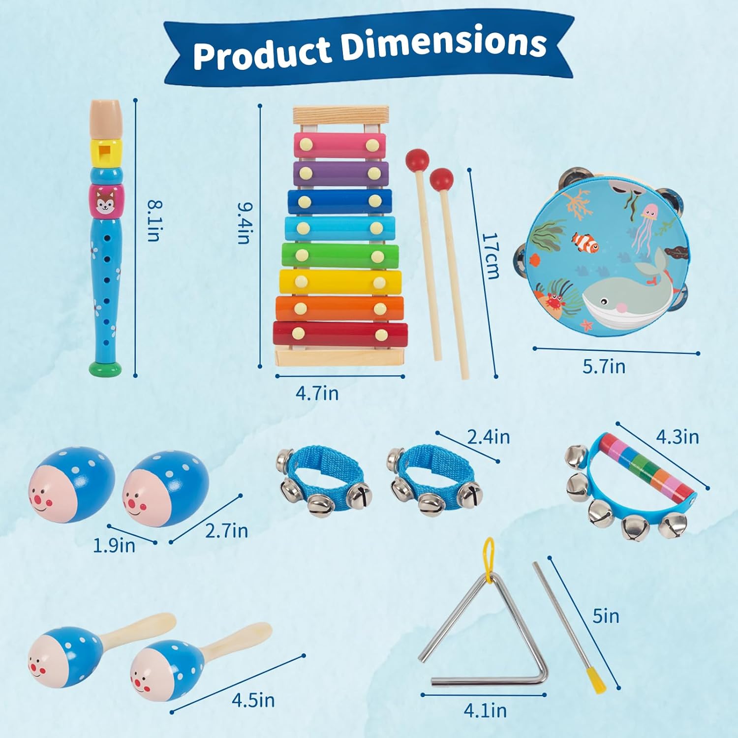 Wooden Musical Instruments Set for Toddlers 1-3, Montessori Baby Toys | 8 Kinds of Natural Wood Percussion