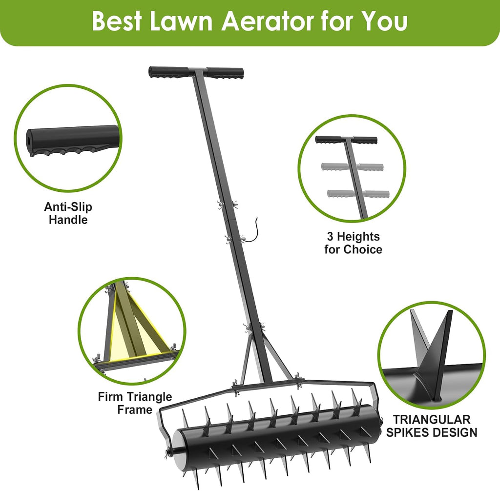 23Inch Rolling Lawn Aerator - Upgraded Heavy Duty Aerators | Lawn Soil Penetrator Spikes w/ 3 Adjustable Height