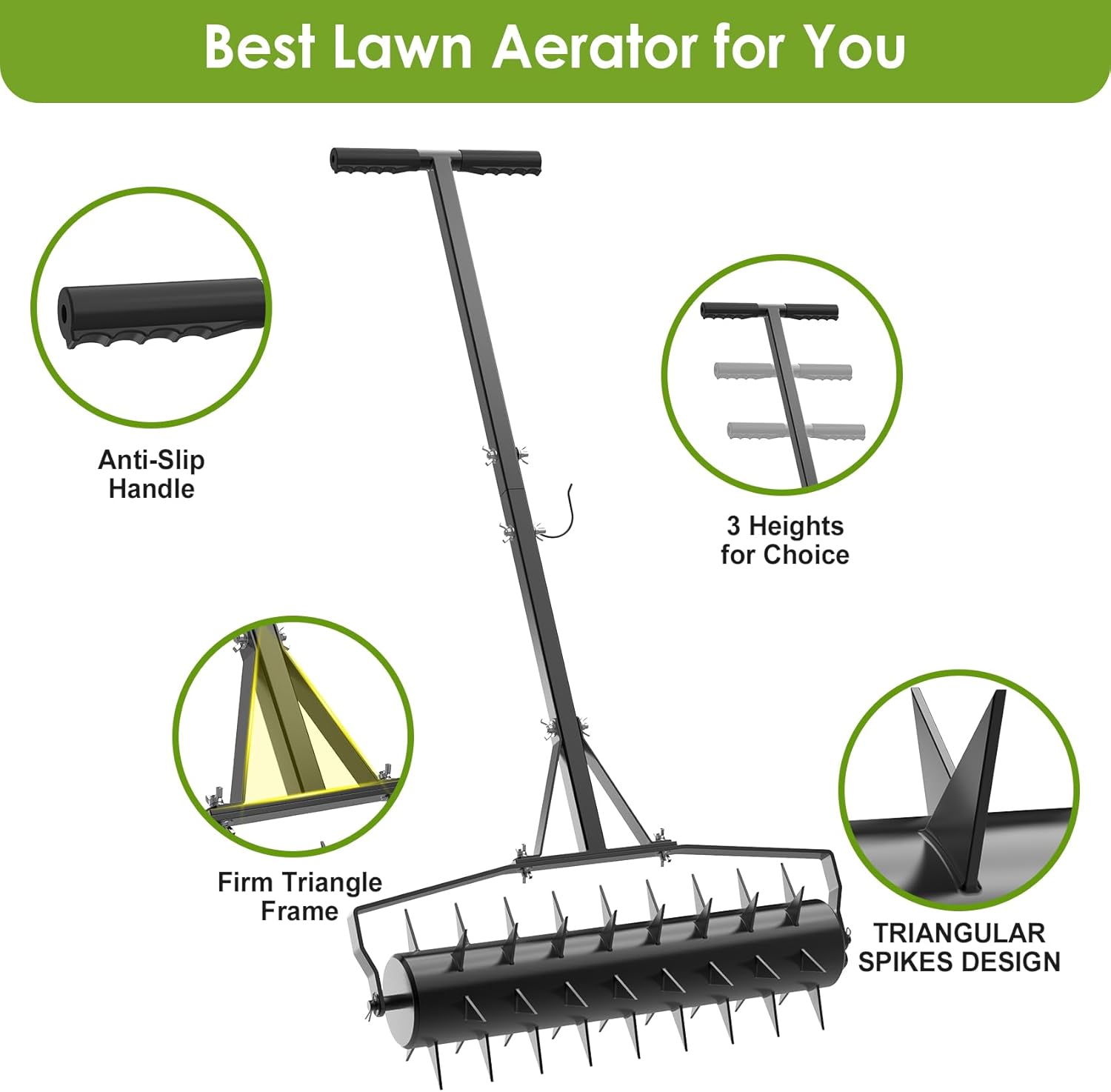 18Inch Rolling Lawn Aerator, Upgraded Heavy Duty Aerators | Lawn Soil Penetrator Spikes w/ 3 Adjustable Height