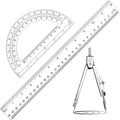 3 Pcs Plastic Ruler 6 Inch Protractor Drawing Compass Set, Student Geometry Math Transparent Measuring Tools for Home