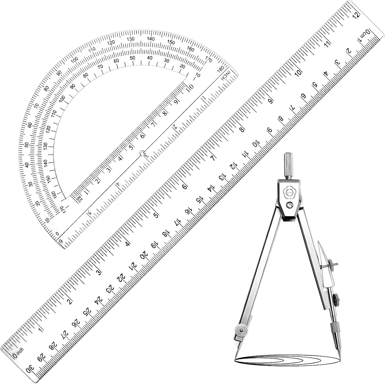 3 Pcs Plastic Ruler 6 Inch Protractor Drawing Compass Set, Student Geometry Math Transparent Measuring Tools for Home