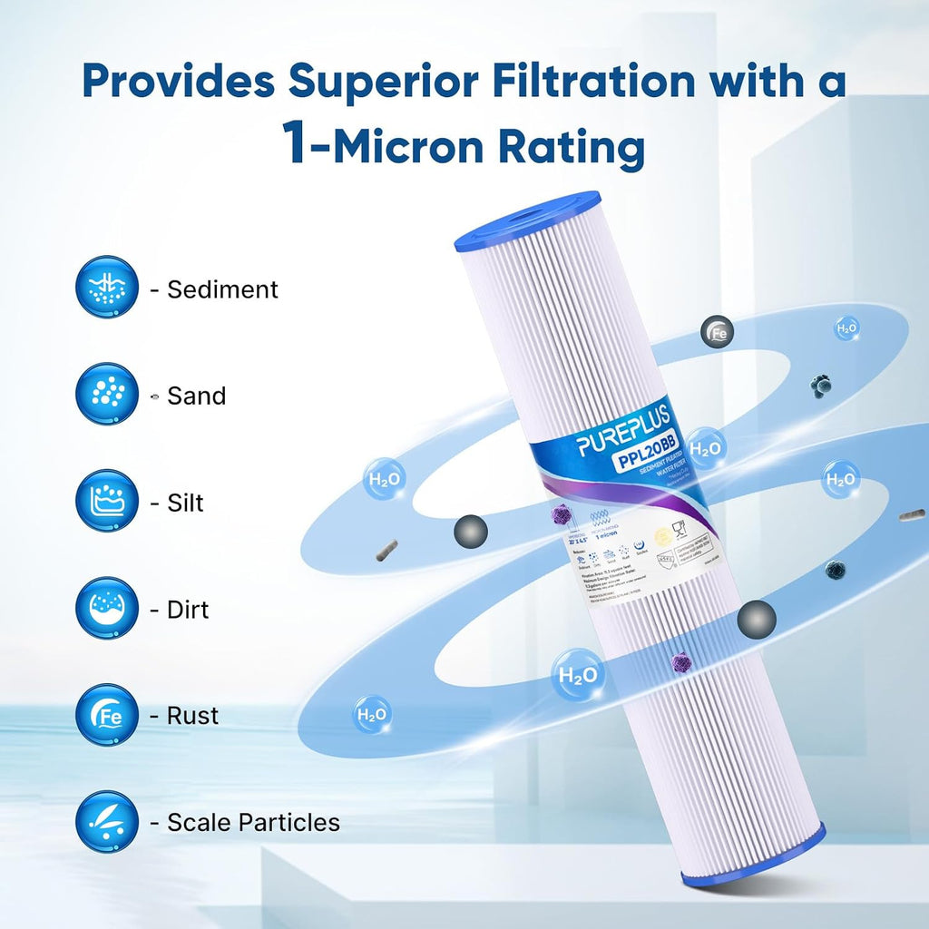 PUREPLUS 1 Micron 20"x4.5" Whole House Pleated Sediment Filter, 4 Pack