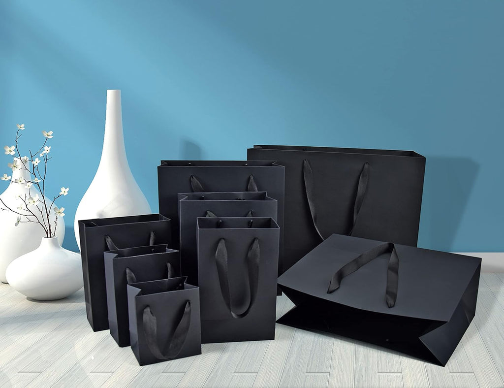 Large Paper Gift Bags with Handles, Black, 20 Pack, 13x5x10 IN