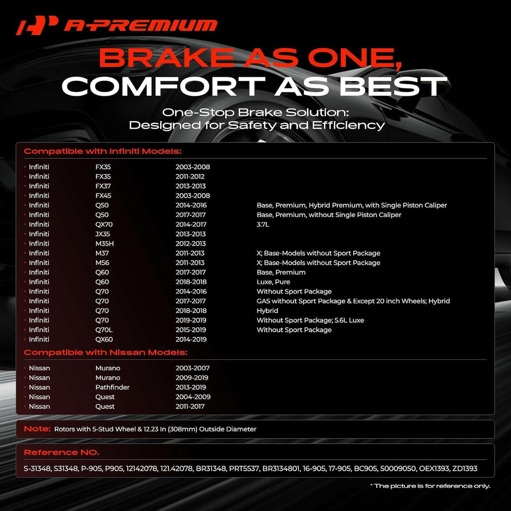 12.13 inch (308.1mm) Rear Brake Rotors & Ceramic Pads Kit, 6-Pack | Compatible with Infiniti and Nissan Models