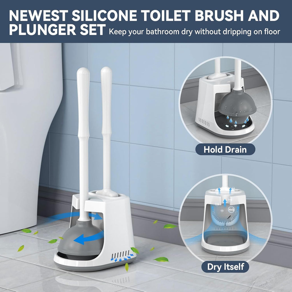 Unique Toilet Plunger and Brush, Silicone Brush and Heavy Duty Toilet Plunger Set with Ventilated Holder, 2-in-1