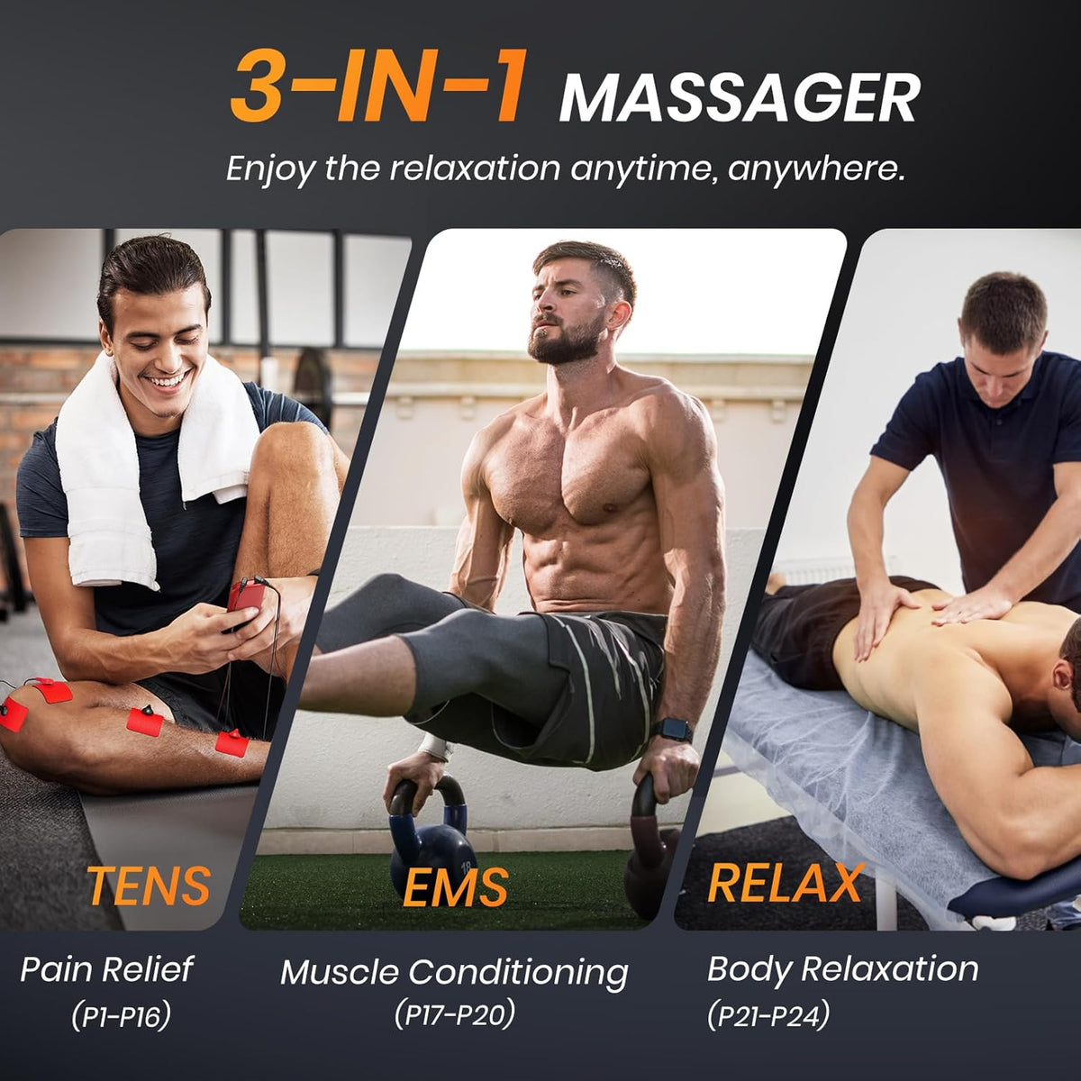 3-in-1 TENS Unit Muscle Stimulator for Pain Relief, 24 Modes, EVA Bag