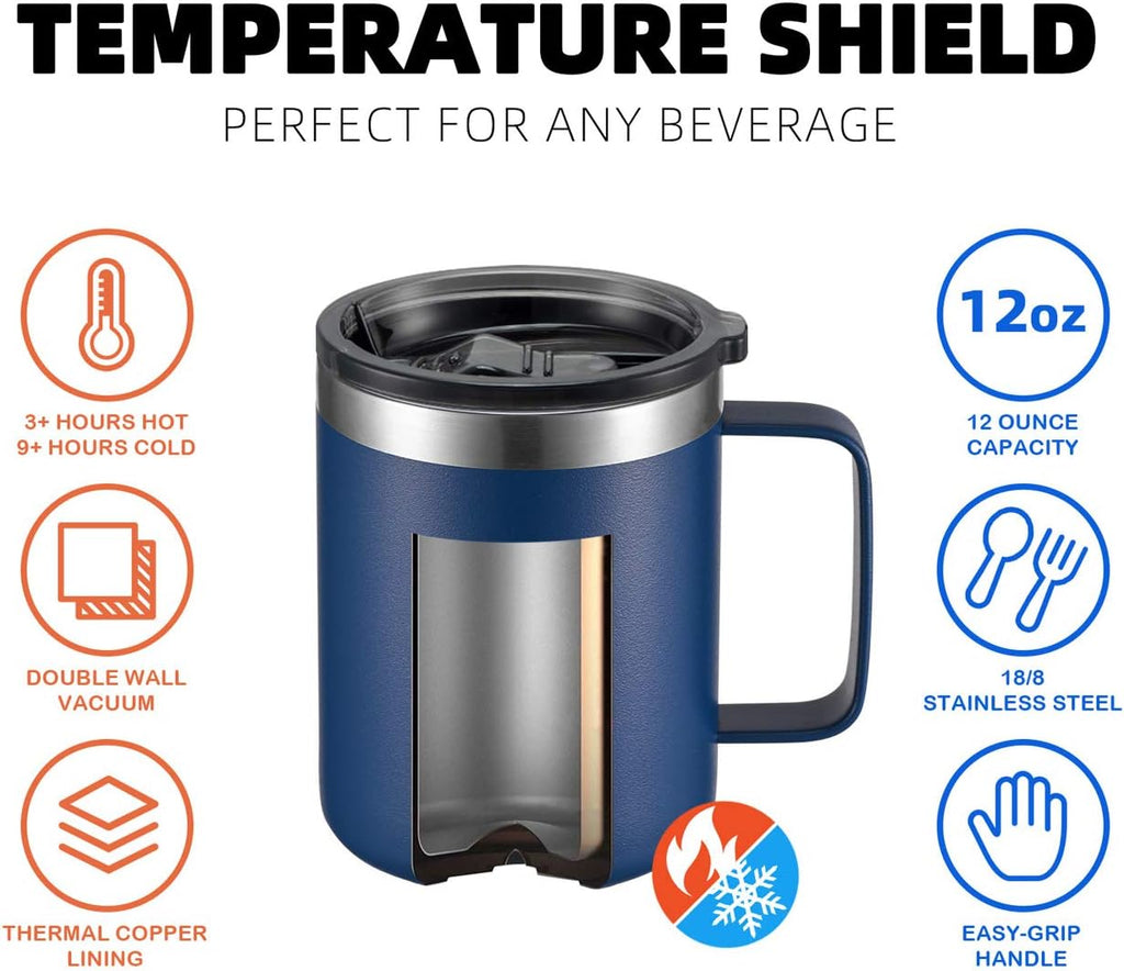 12 oz Insulated Travel Coffee Mug with Handle, Navy | Stainless Steel Coffee Tumbler with Lid, Double Wall Vacuum