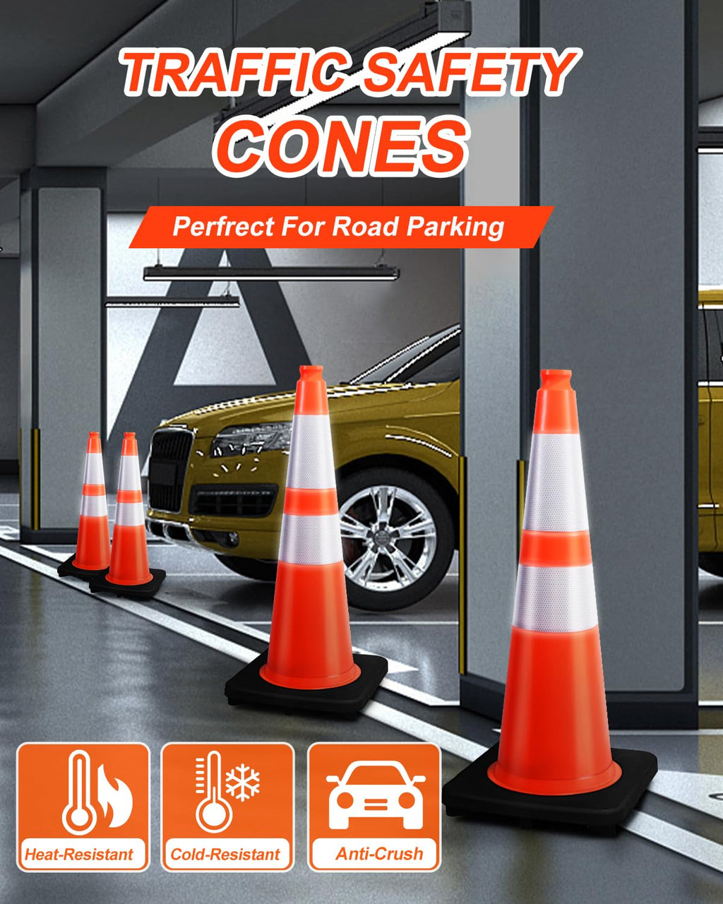 28 Inch Orange Traffic Cones, Heavy Duty Rubber Base | Heavy Duty Safety Cones with Weighted Rubber Base, Stable