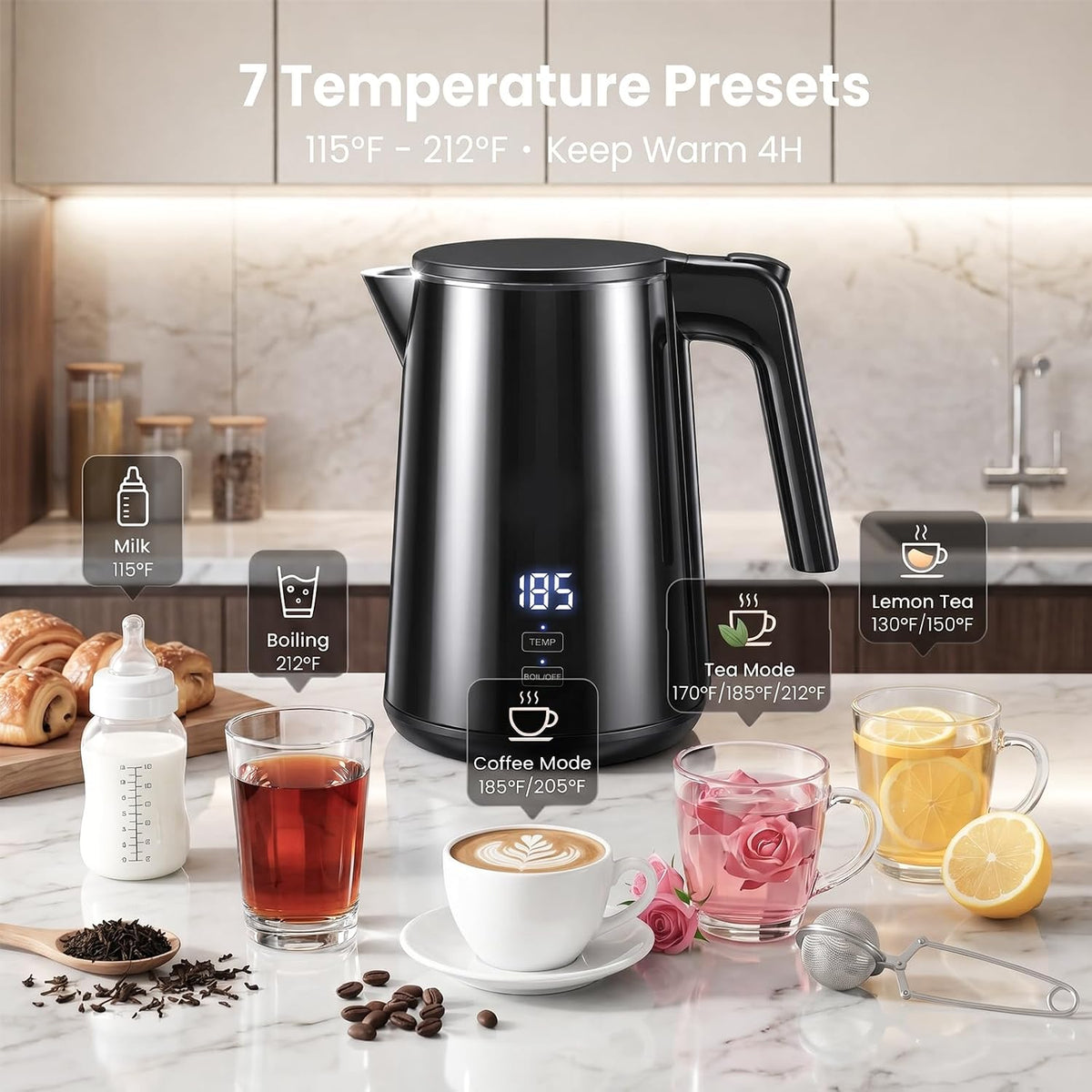 Electric Kettle 1.0L, 1200W Fast Boiling, 7 Temp Settings & 4H Keep Warm | Stainless Steel Inner, BPA-Free, Auto