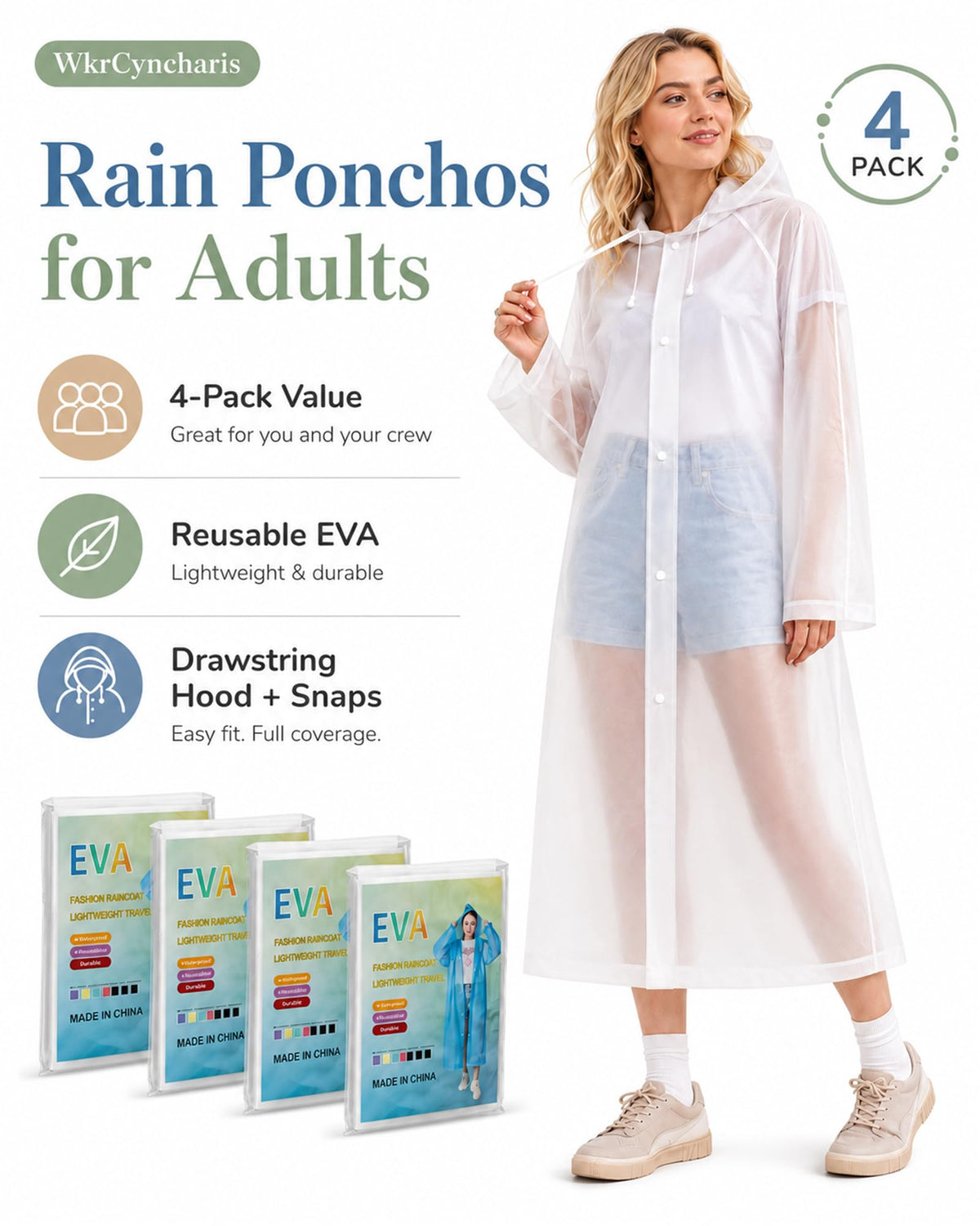 Rain Ponchos for Adults-4 Pack Reusable EVA Waterproof Rain Jackets, White