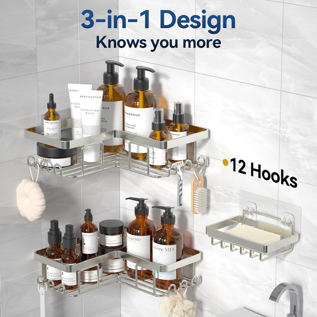 Corner Shower Caddy, 3-Pack Adhesive Shower Caddy with Soap Holder and 12 Hooks, Rustproof Stainless Steel Bathroom