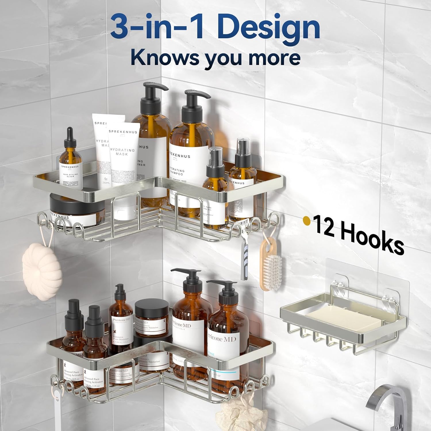 Corner Shower Caddy, 3-Pack Adhesive Shower Caddy with Soap Holder and 12 Hooks, Rustproof Stainless Steel Bathroom