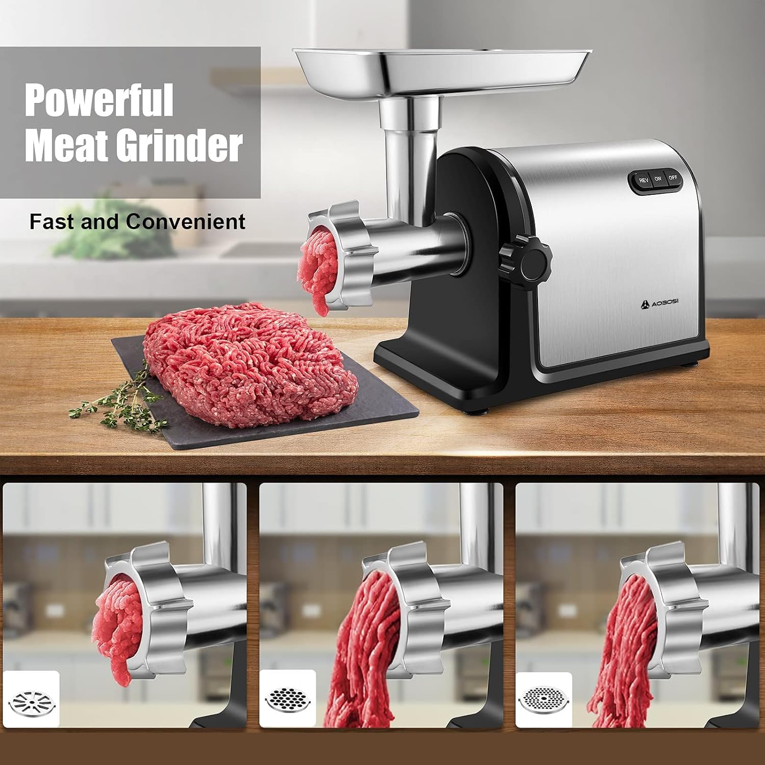 Heavy Duty Stainless Steel Meat Grinder | 3000W Max | 3 Plates | 3 Sausage Stuffers | Stainless Steel Blade | Kubbe