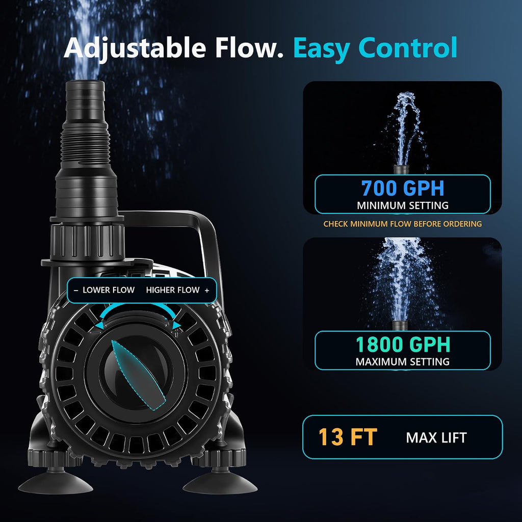 100W Pond Pump for Outdoor Ponds, 700-1800 GPH Adjustable Flow