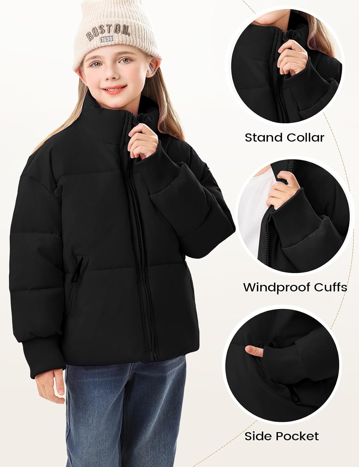 Girls Winter Puffer Jacket Kids Warm Quilted Puffer Coat | Zip Up, Stand Collar, Long Sleeve, Cropped Puffy Jacket