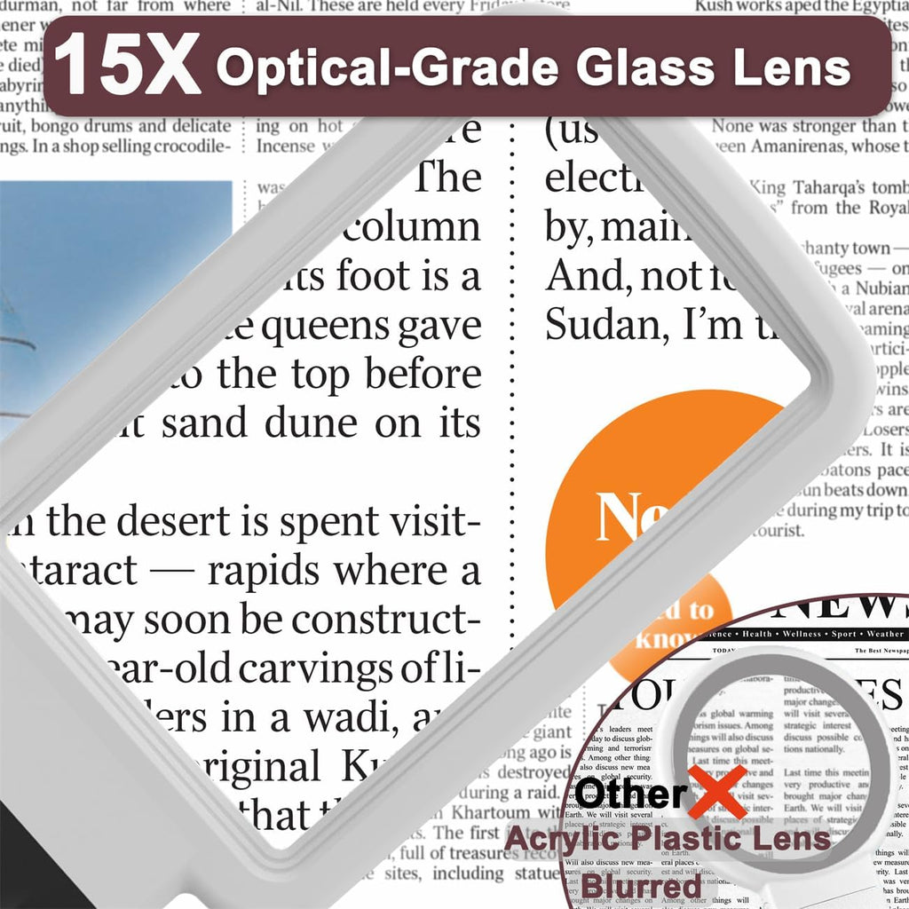 15X Magnifying Glass with Light and Stand, Real Glass Lens, Rechargeable Foldable Handheld Magnifier, 3 Color Modes