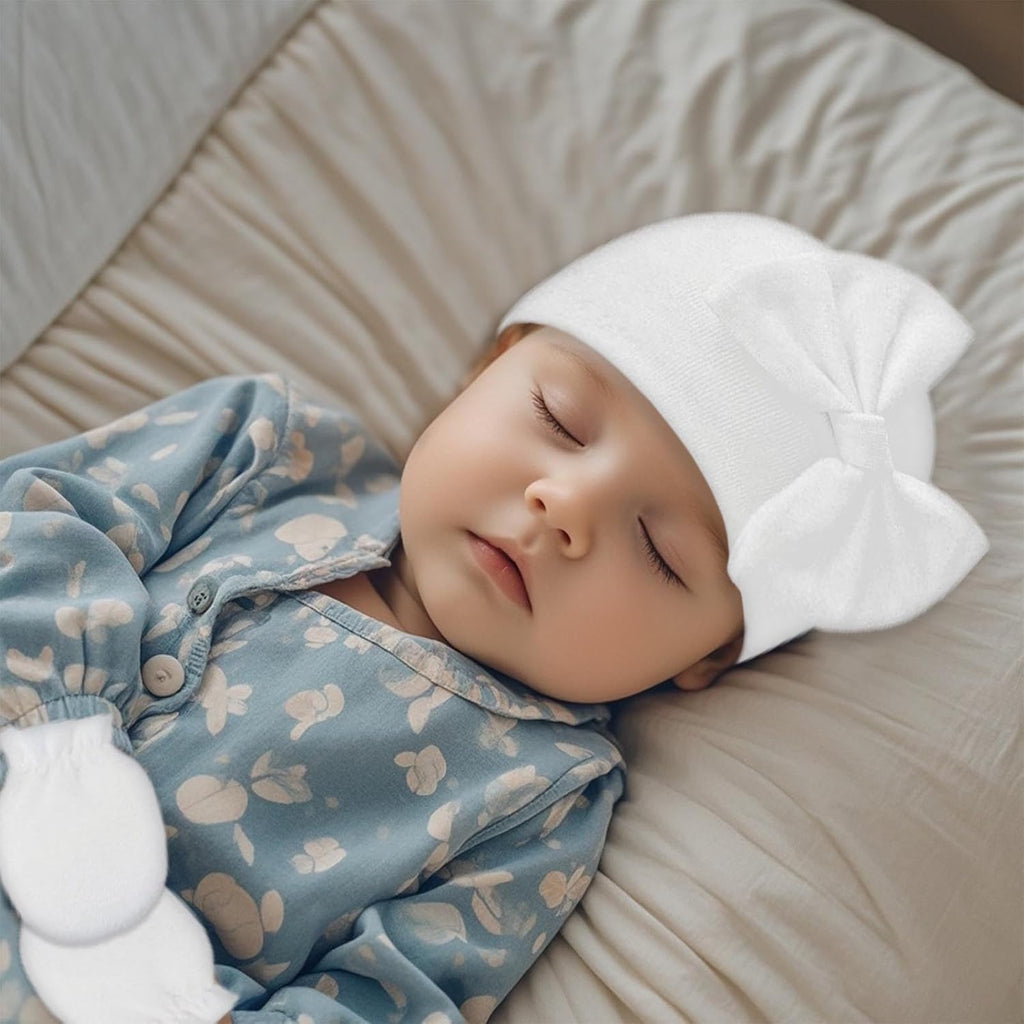 Newborn Baby Hats Mittens Sets Bow Infant Caps Gloves No Scratch Mitten Beanie Set for 0-6 Months Girls
