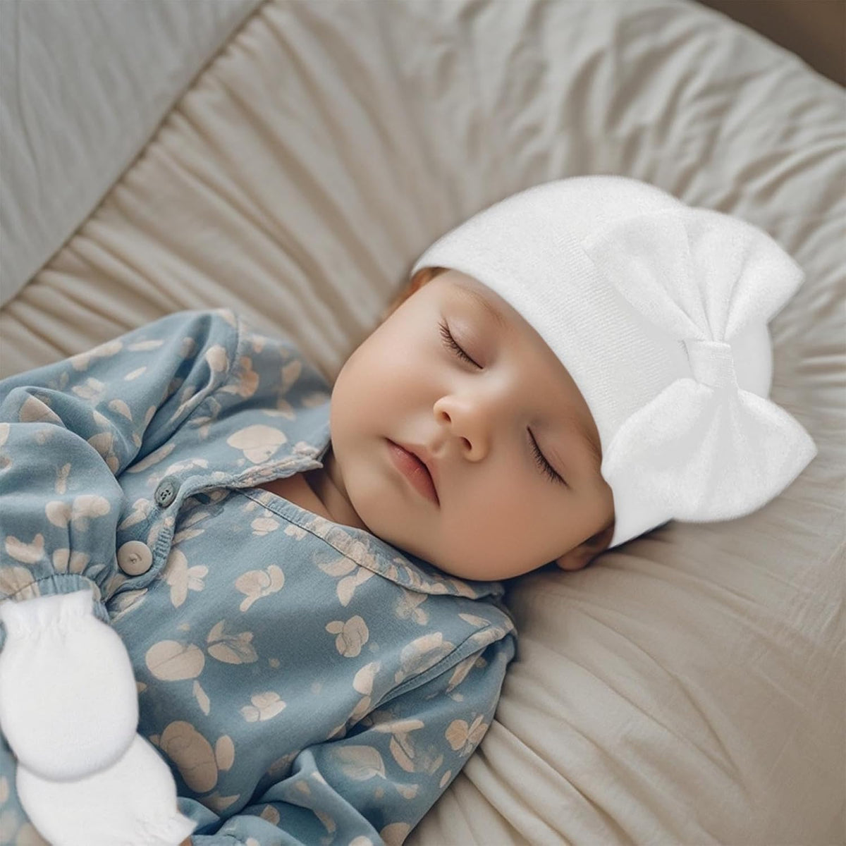 Newborn Baby Hats Mittens Sets Bow Infant Caps Gloves No Scratch Mitten Beanie Set for 0-6 Months Girls