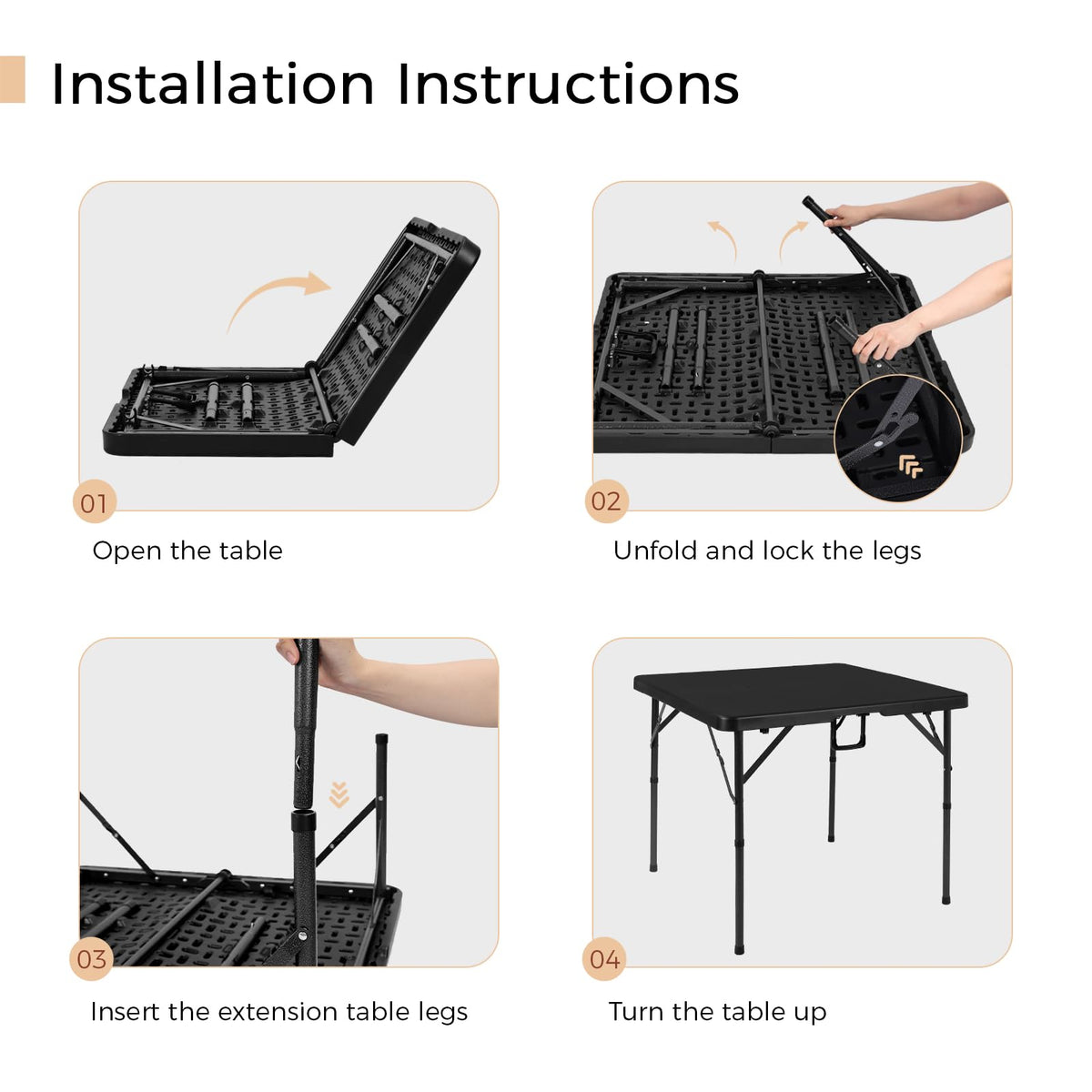 34" Folding Card Table Square Portable with Detachable Legs Black