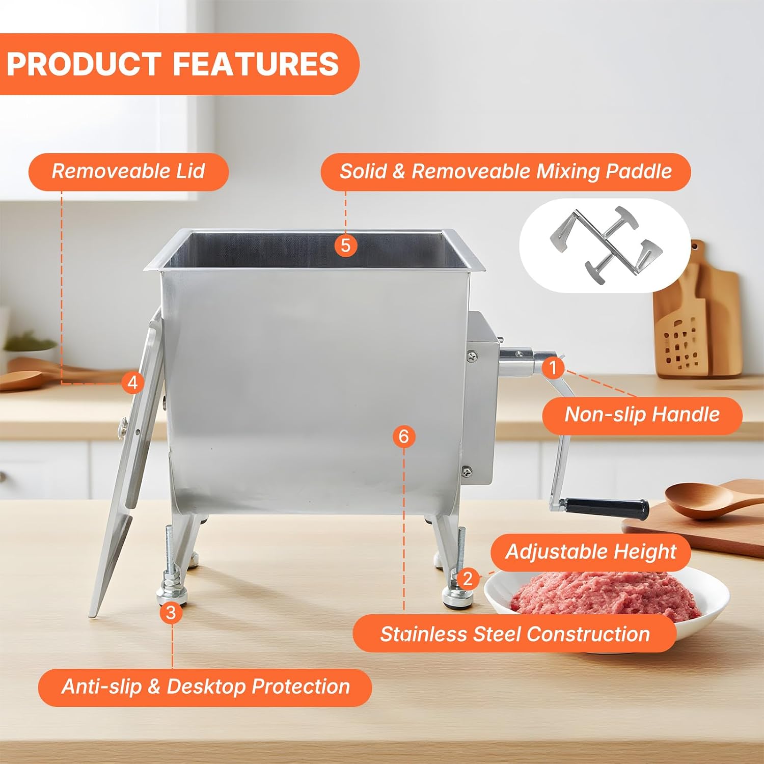 Hakka 15-Liter capacity Tank Stainless Steel Manual Meat Mixer (Mixing Maximum 25-Pound for Meat).