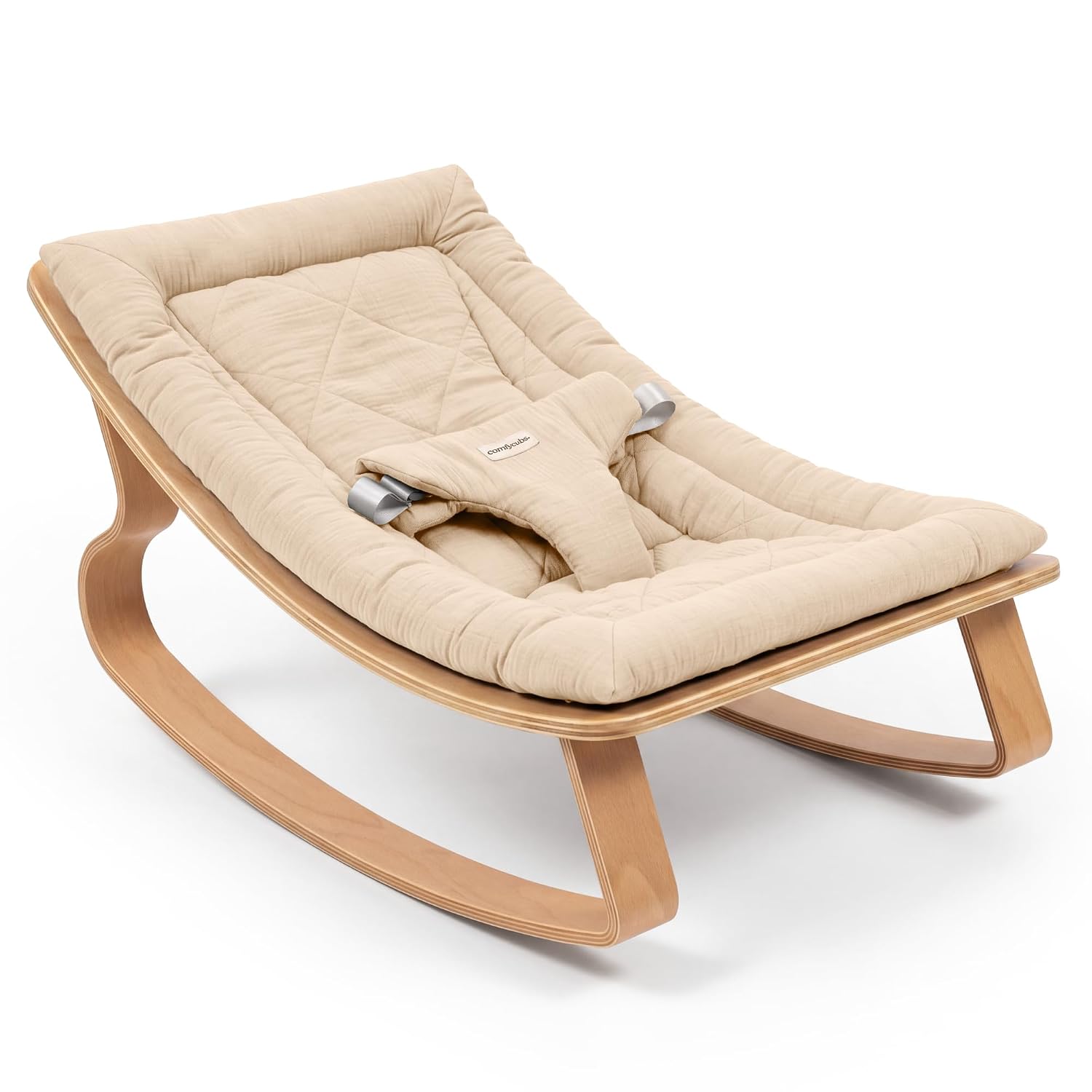 Baby Rocker for Ages 0-24 Months - Wooden Baby Recliner with Soft Removable Quilted Muslin Cotton Cushion - Designed