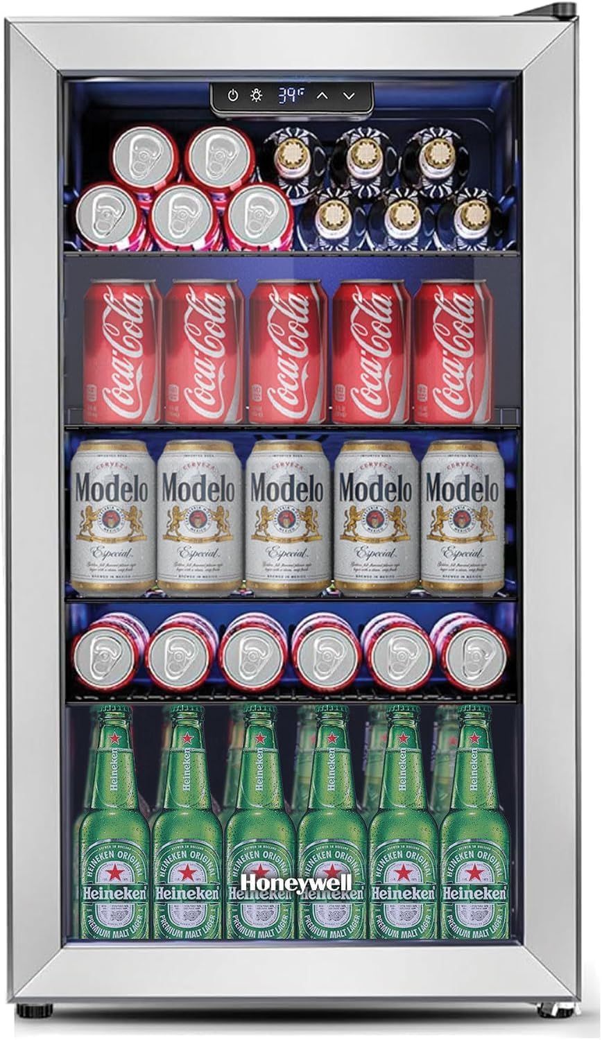 Beverage Refrigerator and Cooler, 116 Can Mini Fridge with Glass Door for Soda Beer or Wine for Office or Bar with