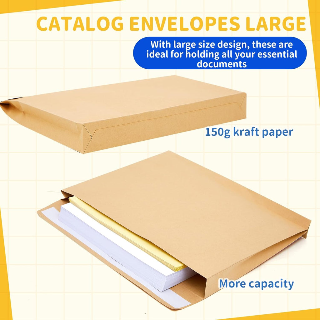 20 Pcs 9 x 12 x 1.6 Inch Large Expandable Catalog Envelopes Manilla Kraft Peel and Seal Envelopes Light Large Mailing