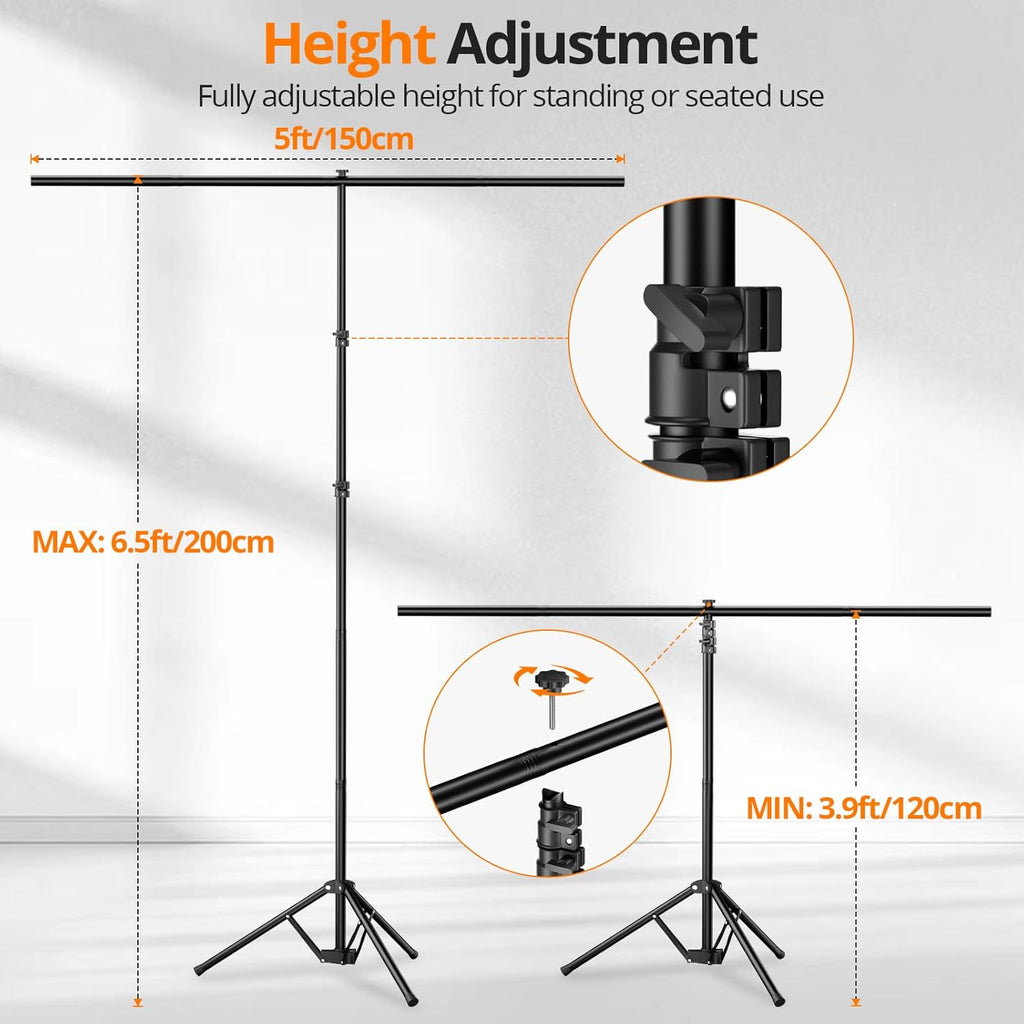 Green Screen Backdrop Kit 5x7 ft with Foldable T-Shaped Stand | Portable Greenscreen Background with 5 Clamps