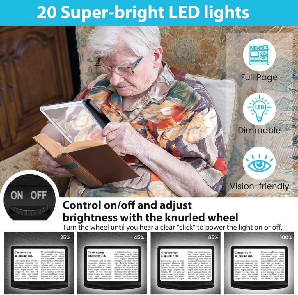 Rechargeable 5X Magnifying Glass for Reading, Large Bright Full Page Magnifier with Light, Handheld LED Dimmable