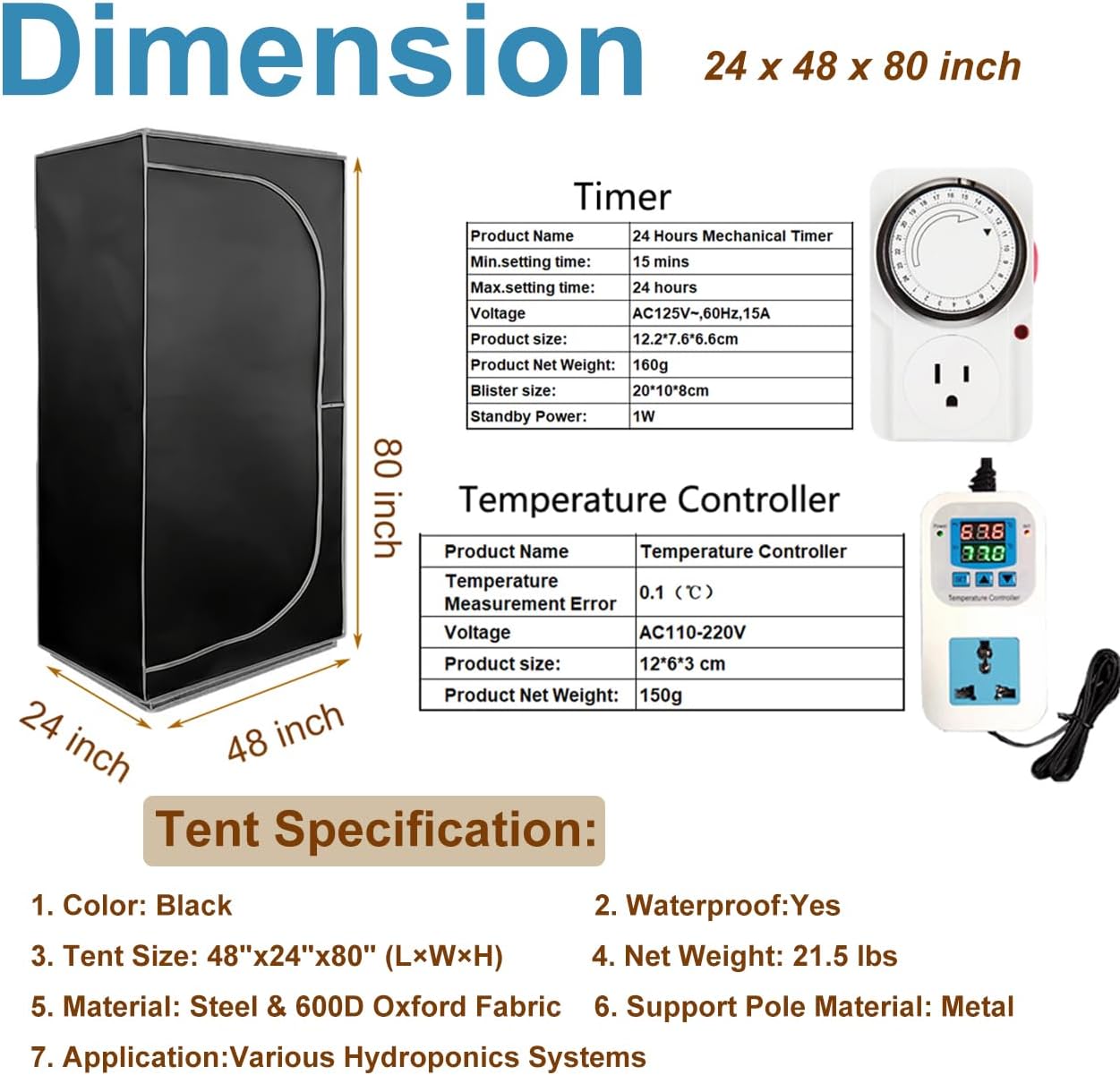 48"x24"x80" Grow Tent Kit Complete 4x2 ft High Reflective Mylar Indoor Grow Tent +Portable Full Spectrum LED Grow