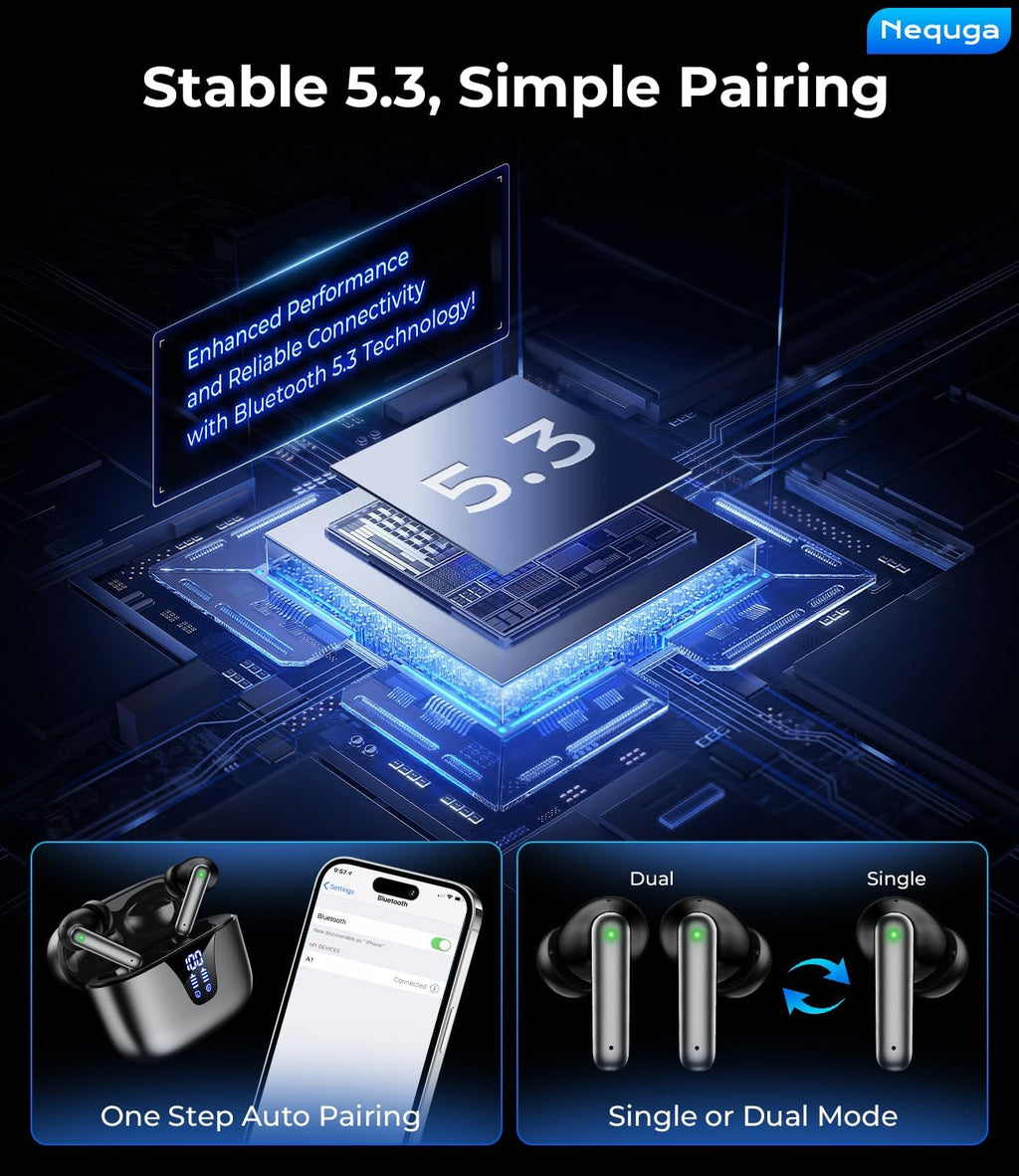 Wireless Earbuds Bluetooth Headphones, 50H Playtime Ear Buds with Mic, LED Digital Display Charging Case, IPX7