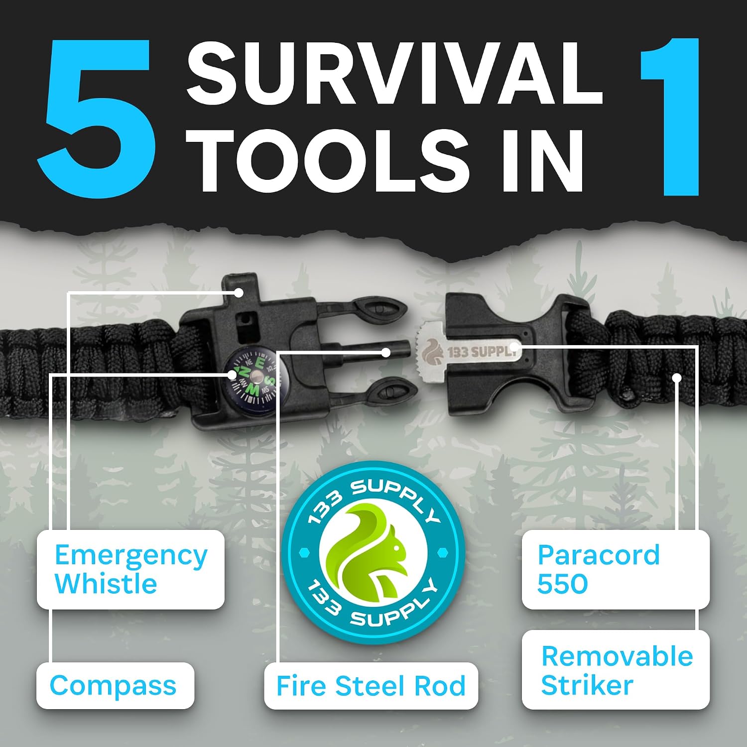 Paracord Bracelet Compass Hiking Survival Kit Emergency Whistle Fire Starter Camping Gear Hiking Essentials Fishing