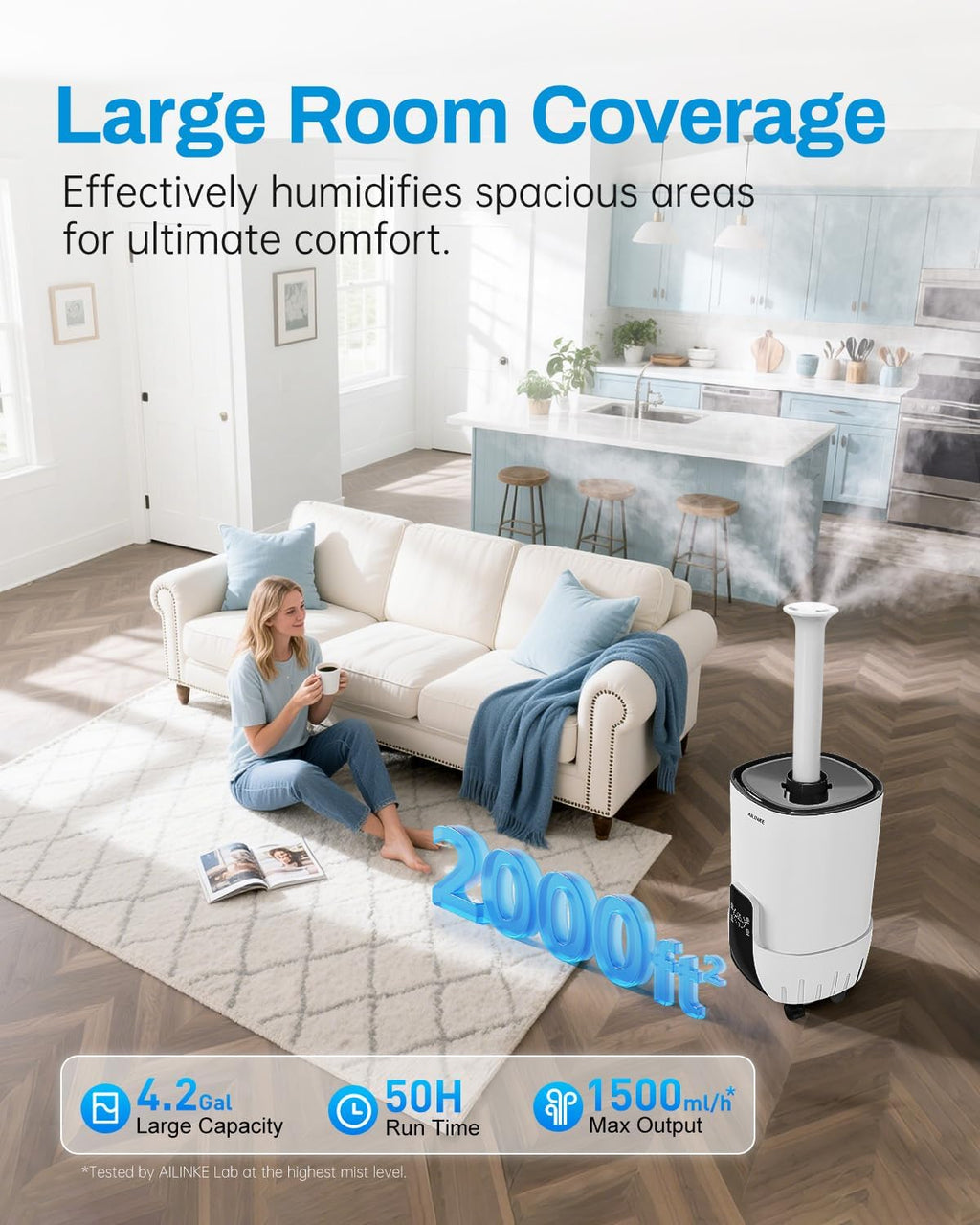 Humidifier large room 16L Whole house Humidifier 2000 sq.ft | 3 Atomizers, Humidity Control, 50 Hours, Ultrasonic