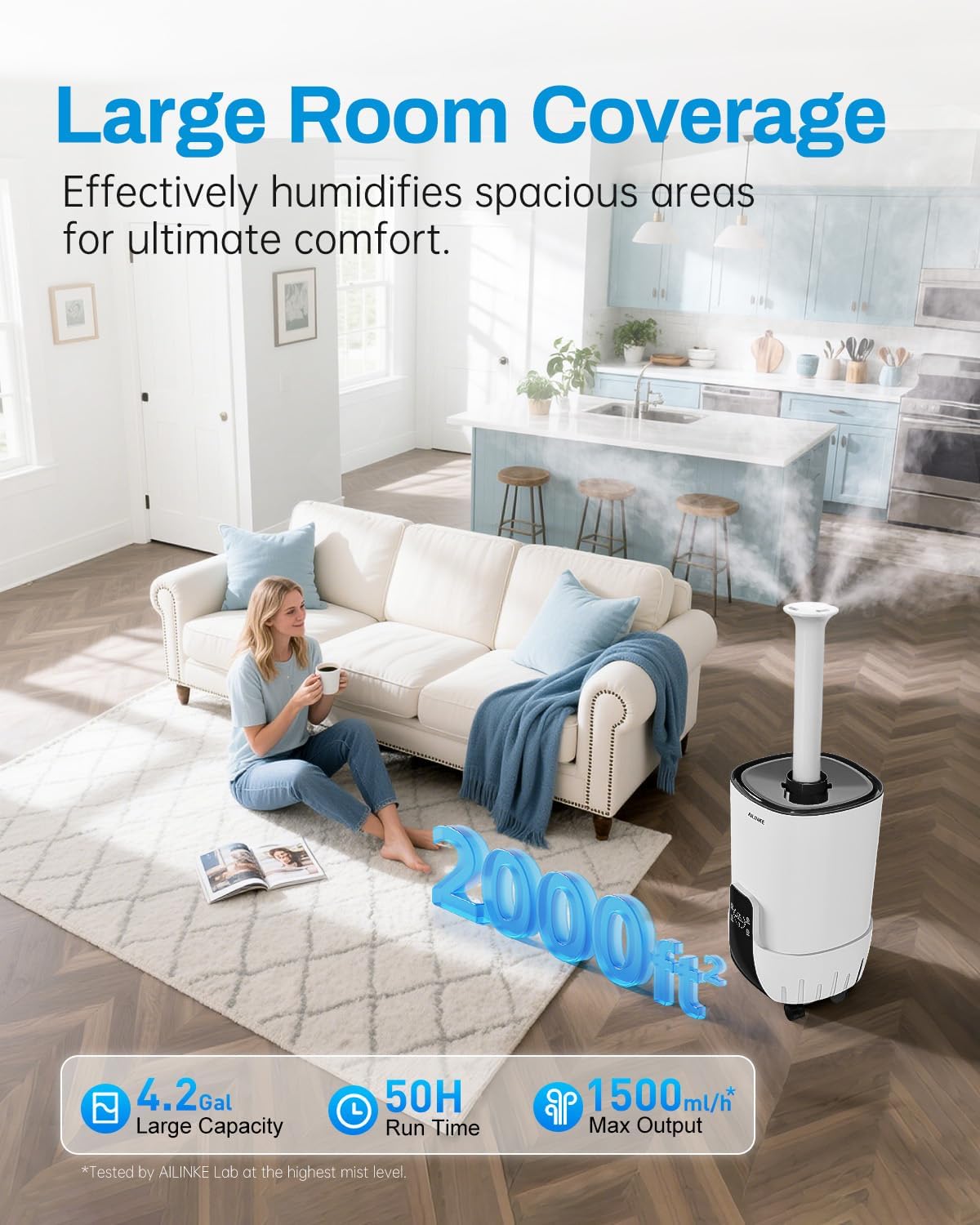 Humidifier large room 16L Whole house Humidifier 2000 sq.ft | 3 Atomizers, Humidity Control, 50 Hours, Ultrasonic