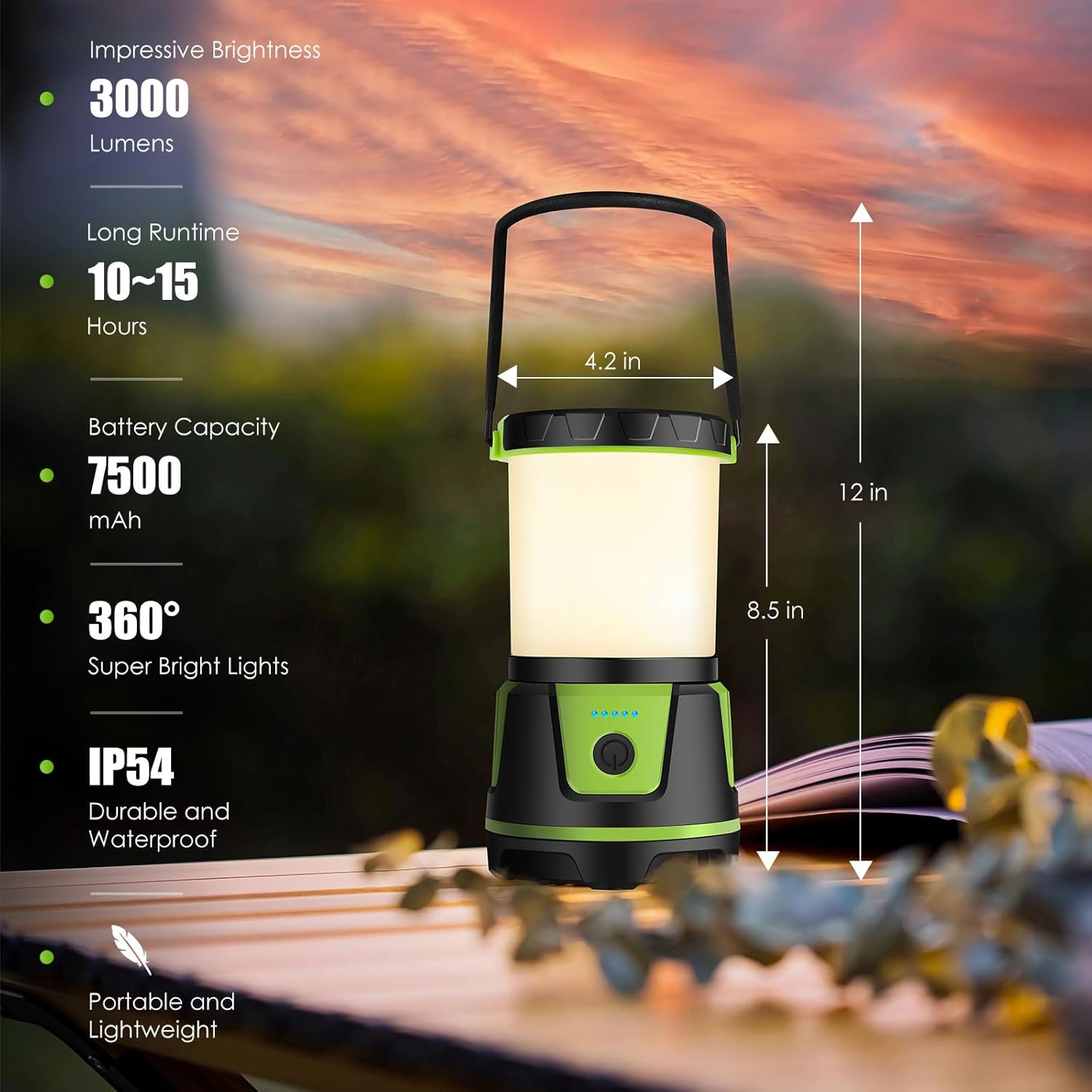Rechargeable LED Lantern - 3000 Lumens, 5 Light Modes, IP54 Waterproof, 7500mAh Battery, Portable Flashlight for