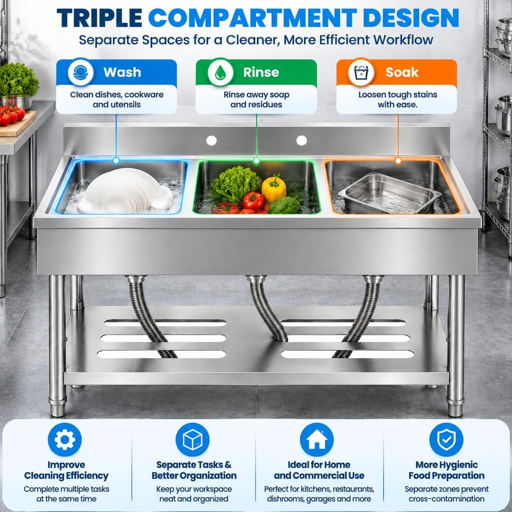 3 Compartment Utility Sink, 39 x 19 x 33 Inch Stainless Steel