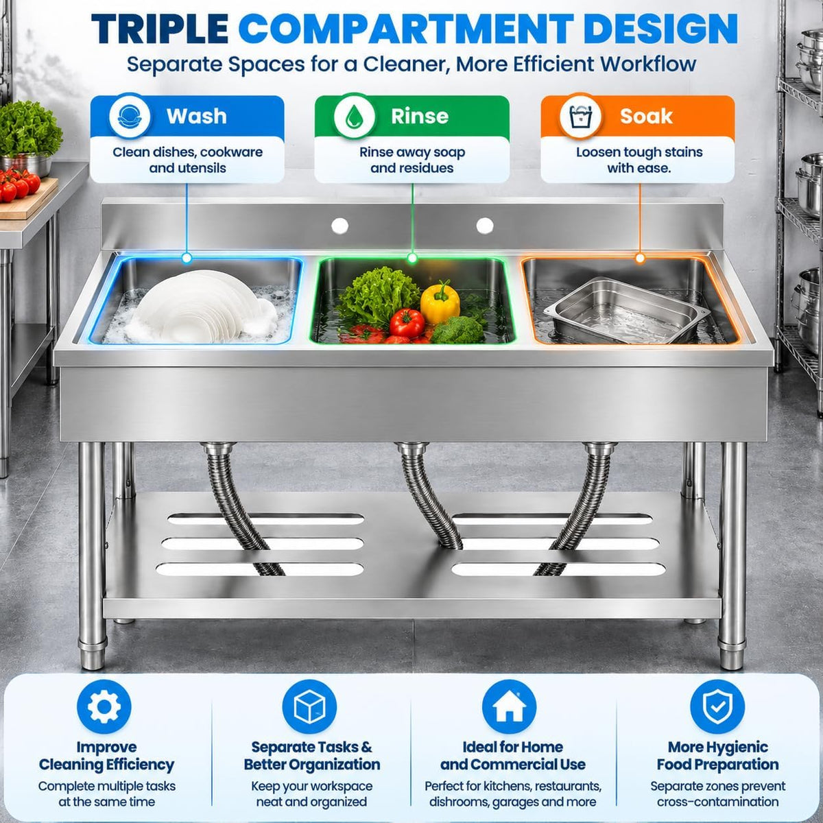 3 Compartment Utility Sink, 39 x 19 x 33 Inch Stainless Steel