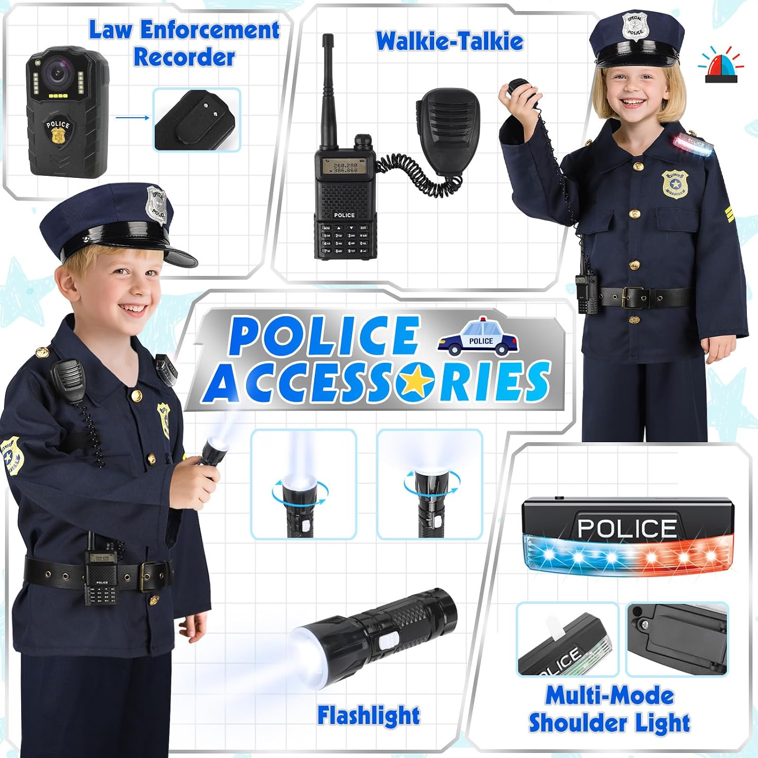 Police Costume for Kids 3-8,Cop Pretend Play Toys for Dress Up | Role Play Set with Handcuffs, Flashlight, Police