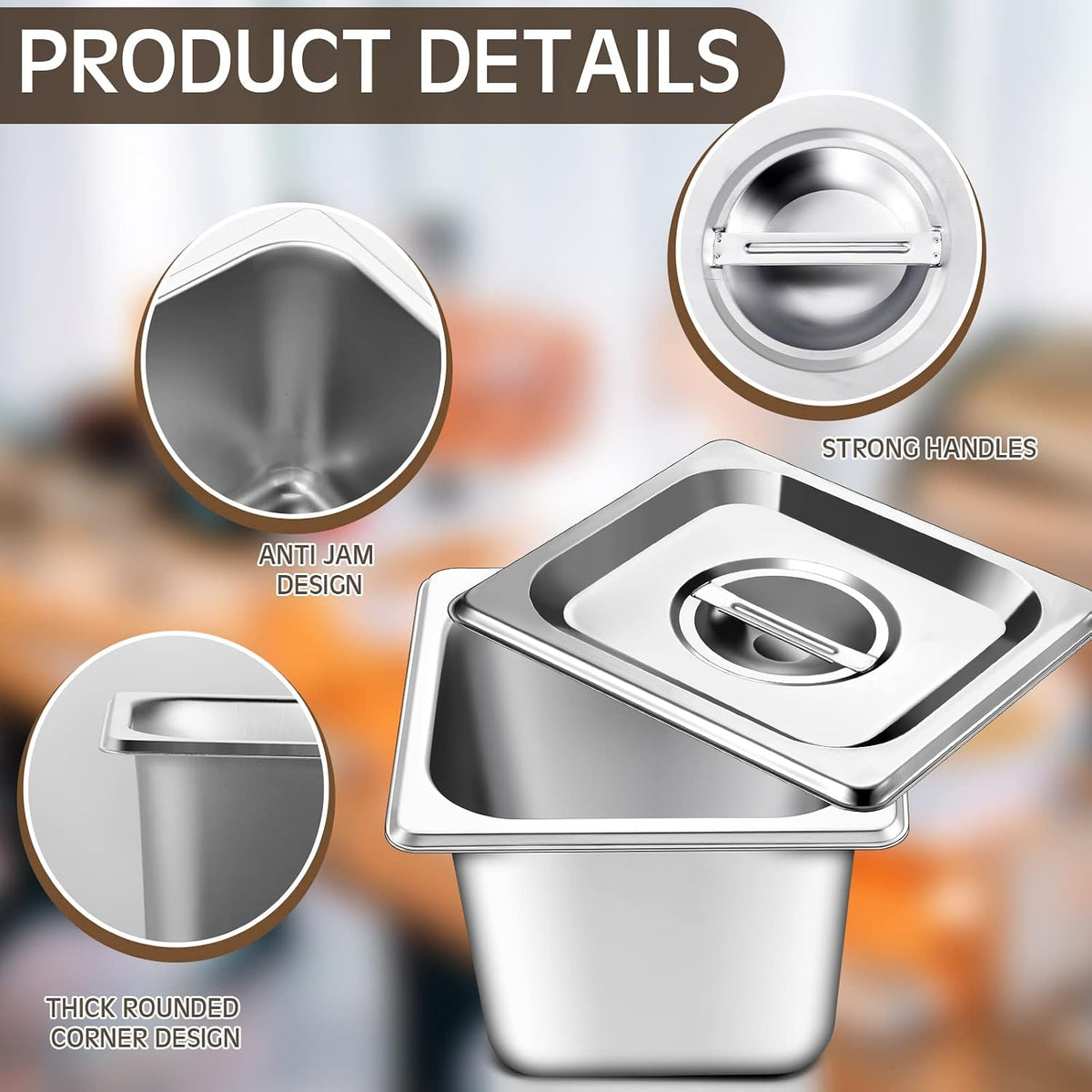 4 Pack 1/6 Size Hotel Steam Table Pans with Lids, 6 Inch Deep