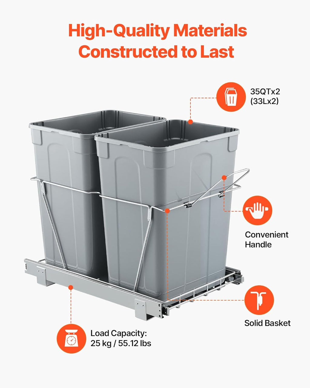Pullout Trash Can for Kitchen Cabinets, 35 QT x2 Double Under Sink Garbage Waste Recycling Bin, Under Mount Waste