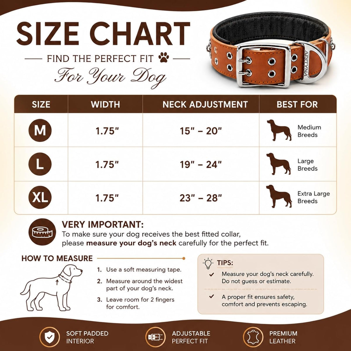 Studded Leather Dog Collar for Large Dogs, Adjustable 19-24"