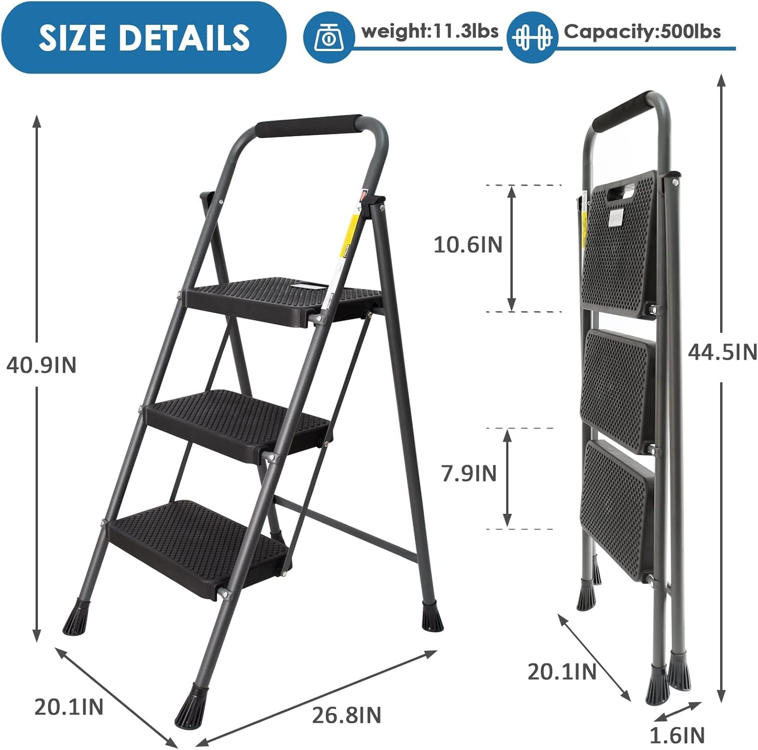 3 Step Ladder, GOLYTON Folding Step Stool with Anti-Slip Wide Pedal & Convenient Handgrip, 500lbs Capacity Steel