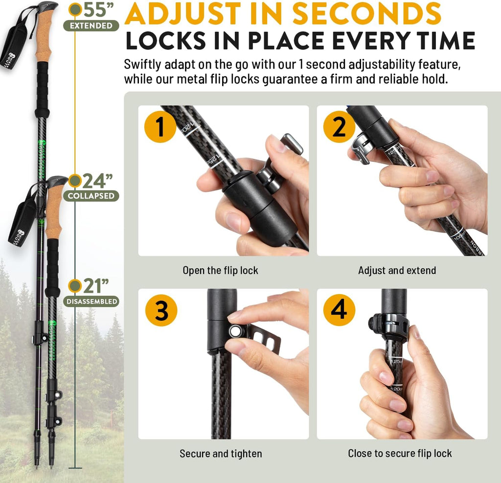 100% Carbon Fiber Trekking Poles by USA Brand - Ultra Strong Lightweight Collapsible Hiking Poles with Cork and EVA