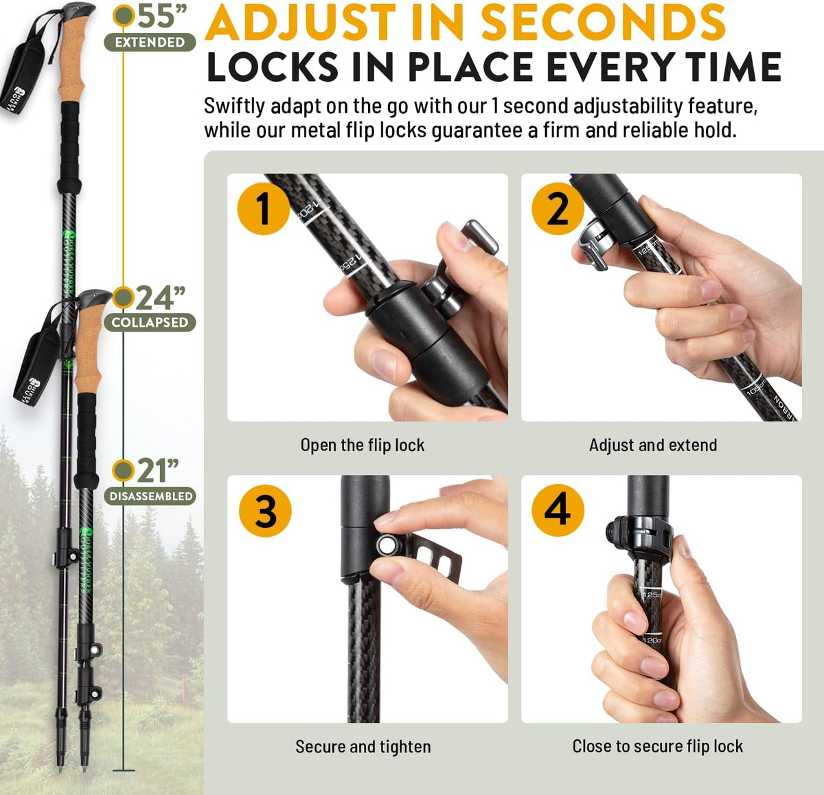 100% Carbon Fiber Trekking Poles by USA Brand - Ultra Strong Lightweight Collapsible Hiking Poles with Cork and EVA
