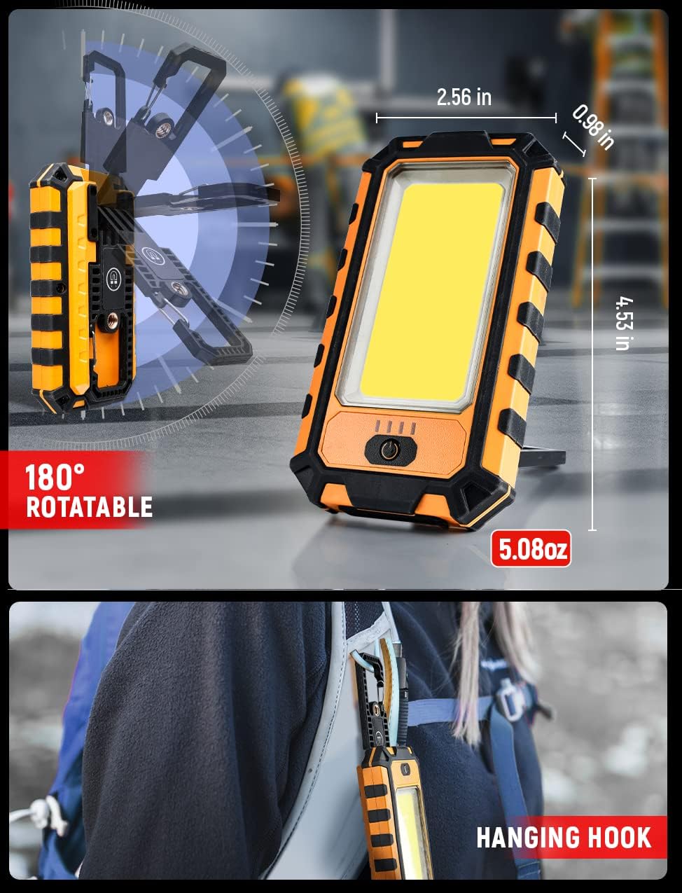 LED Rechargeable Magnetic Work Light 1500Lumens, Hanging Hook 4 Lighting Modes, Job Site Lighting for Car Repairing