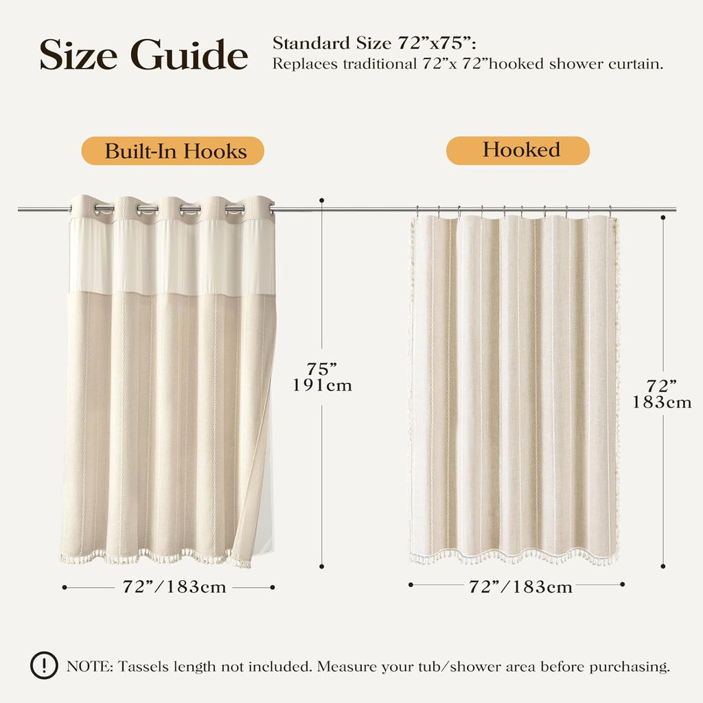 Cream Ringless Boho Stripe Tassel Shower Curtain with Snap Liner 72x75 | Heavy Duty Linen Blend, 3 in 1 Shower