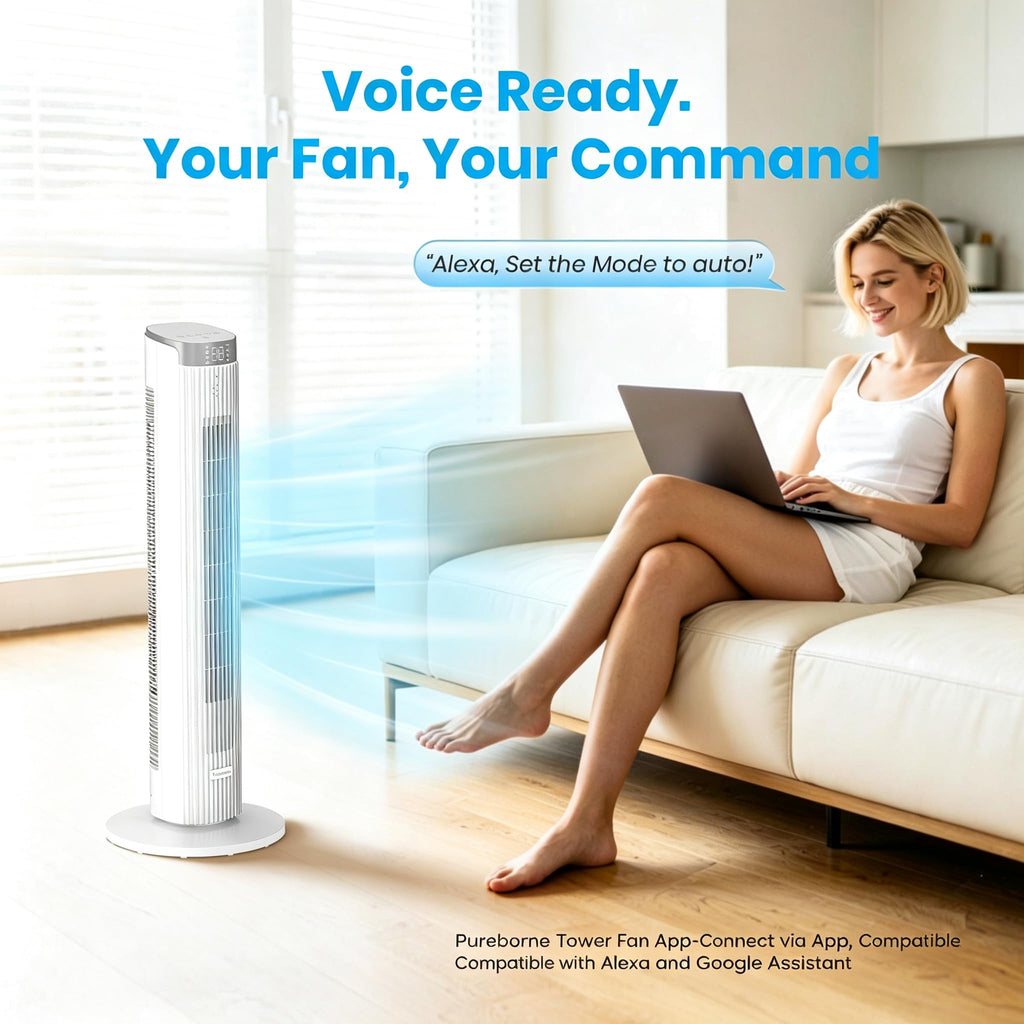 Tower Fan for Bedroom, 23dB, 90°oscillating, Smart Control, White